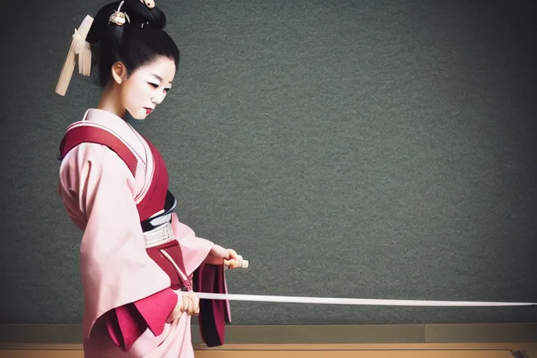 Prompt: beautiful photo of a young modern geisha samurai practising the sword in a traditional japanese temple, mid action swing, beautiful eyes, huge oversized sword, award winning photo, muted pastels, action photography, smiling into the camera, 1 / 1 2 5 shutter speed, dramatic lighting, anime set style