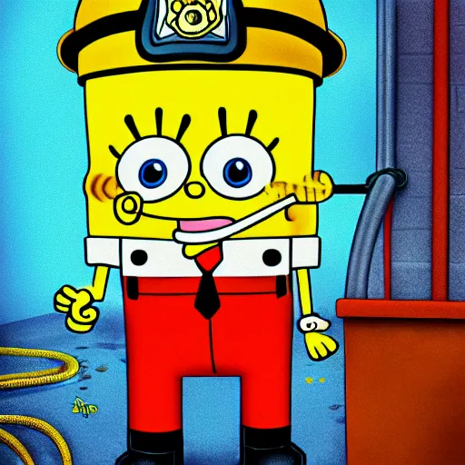 Prompt: spongebob as a firefighter in the city, cinematic, sci-fi, high definition, digital art, artstasion, deep depth of field