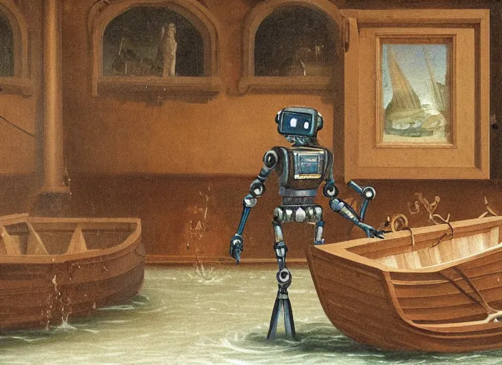 Image similar to a portrait of a robot sitting in a small boat in a renaissance room flooded with water,