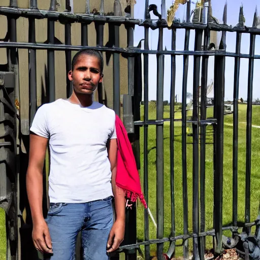 Image similar to Young man standing looking to the right in a red bandana, blue striped shirt, gray vest and a gun with a partly cloudy sky in the background. The young man is standing in front of an iron fence. Photograph. Real life