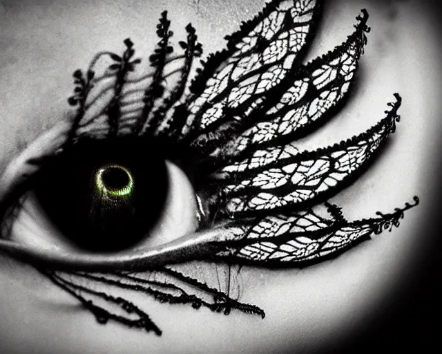 Image similar to extreme close up of a woman's eye, made of intricate decorative lace leaf skeleton, in the style of the dutch masters and gregory crewdson, dark and moody