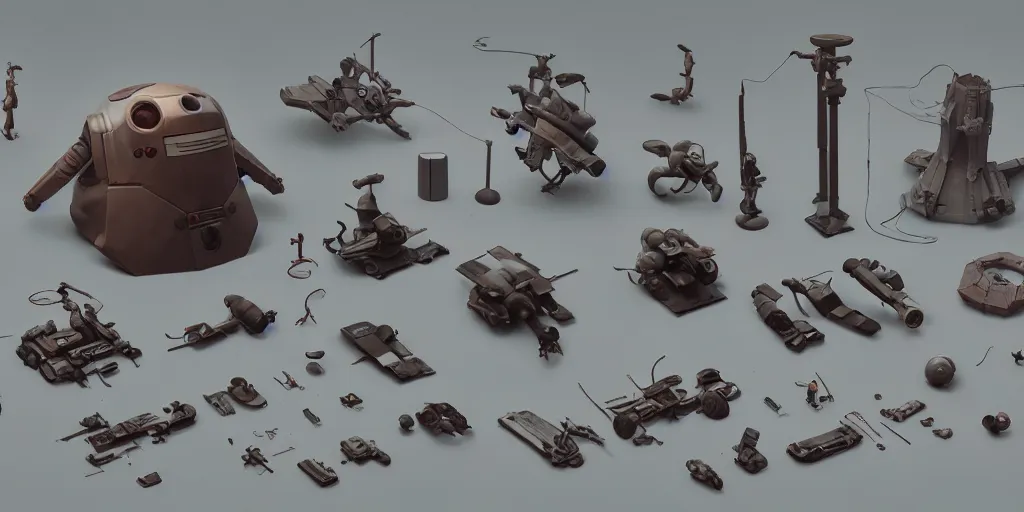 Prompt: collection of exploration of form and shapes, props, hard surface, panel, simon stalenhag, kitbash, items, gadget, big medium small, close up