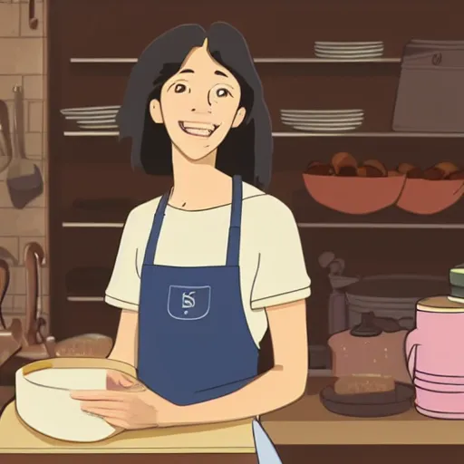 Image similar to portrait of a smiling woman with dark curly hair in a pink t-shirt shirt and high-rise jeans making sourdough in sunlit kitchen, by studio ghibli