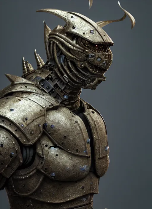 Image similar to hyperrealistic mixed media portrait of a Warhammer Gorr armored warrior creature, stunning 3d render inspired art by Michael Parkes + dim volumetric lighting, 8k octane beautifully detailed render, post-processing, extremely hyperdetailed, intricate, epic composition, grim yet sparkling atmosphere, cinematic lighting + masterpiece, trending on artstation