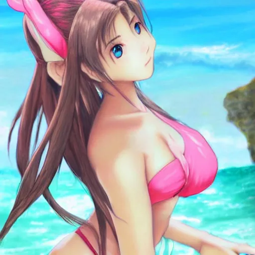 Prompt: beautiful aerith from final fantasy in a bikini on the beach making eye contact drawn by sakimichan
