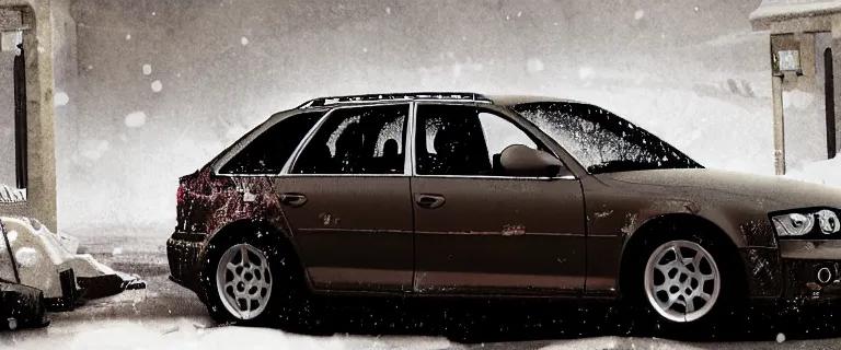 Image similar to Audi A4 B6 Avant (2002), a gritty neo-noir, dramatic lighting, cinematic, eerie person, death, homicide, homicide in the snow, viscera splattered, gunshots, bullet holes, establishing shot, extremely high detail, cracked windows, photorealistic, arson, makeshift grave, burial site, cinematic lighting, artstation, by simon stalenhag, Max Payne (PC) (2001) winter New York at night, In the style of Max Payne 1 graphic novel, flashing lights, Poets of the Fall - Late Goodbye