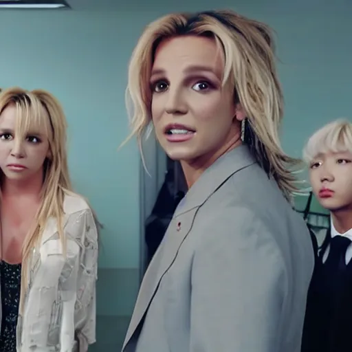 Prompt: cinematic still of britney spears in the office costarring with the kpop group bts