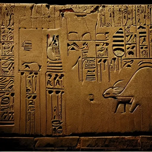 Image similar to ancient egyptian hieroglyphics of kermit the frog building the pyramids from a flying saucer