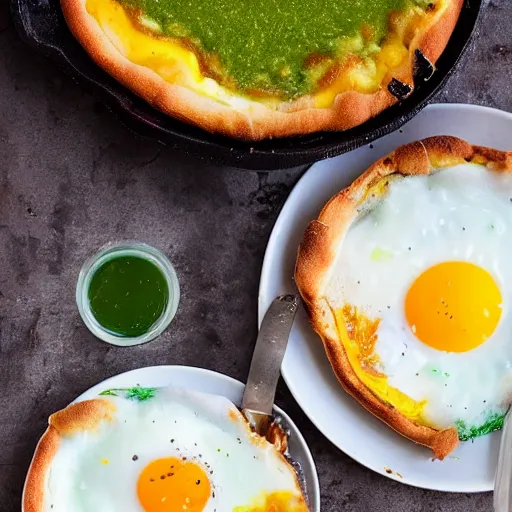 Prompt: a delicious fried egg deep dish pizza with green ketchup sauce.