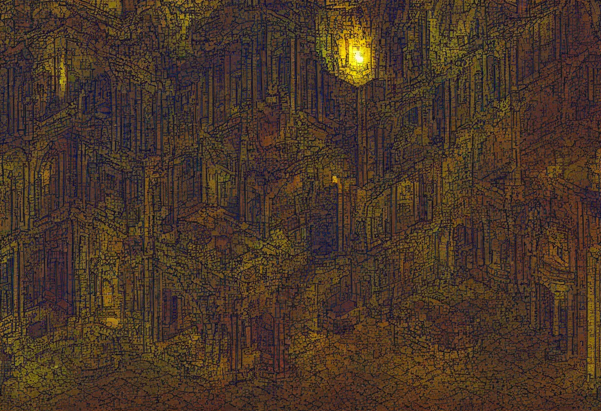 Prompt: inside a castle, night time, 16bits, pixel art, degradation filter, compression, low saturation, crushed colors , chromatic aberration, 2D, flat