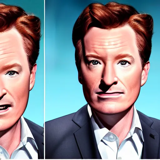 Image similar to photo portrait of the lovechild of conan o'brien, stephen colbert, jimmy kimmel, jimmy fallon, and seth meyers, realistic, hyperrealistic, 8 k resolution, hd quality, very detailed, highly detailed, intricate details, real life, real world, trending on artstation, digital art, really realistic, very realistic, headshot, head in frame, photograph, portrait