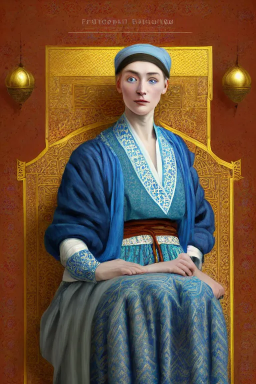 Image similar to portrait of a beautiful nordic woman, blue eyes, wearing a turkish traditional dress in istanbul on 1 9 0 0 s, extremely detailed digital painting, in the style of fenghua zhong and ruan jia and jeremy lipking and peter mohrbacher, mystical colors, rim light, beautiful lighting, 8 k, stunning scene, raytracing, octane, trending on artstation