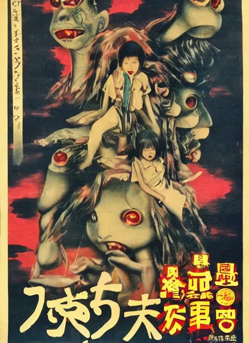 Image similar to vintage japanese movie poster with mutated nightmarish creatures, from a 1 9 8 0 s japanese horror movie