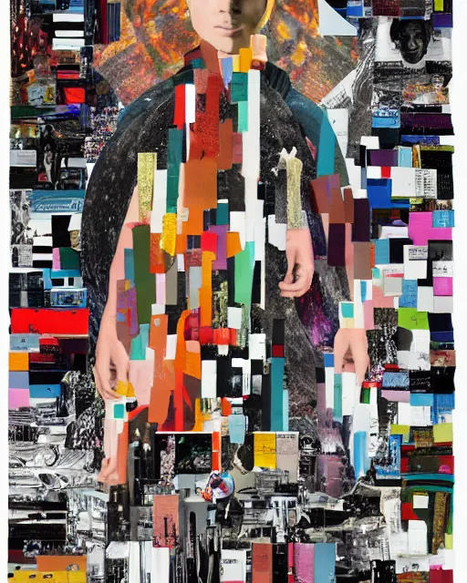 Image similar to A contemporary artistic collage, made of random shapes cut from fashion magazines, science magazines, and textbooks, of 2001: A Space Odyssey film poster.