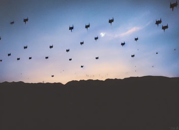 Prompt: an alien army in the sky at dusk