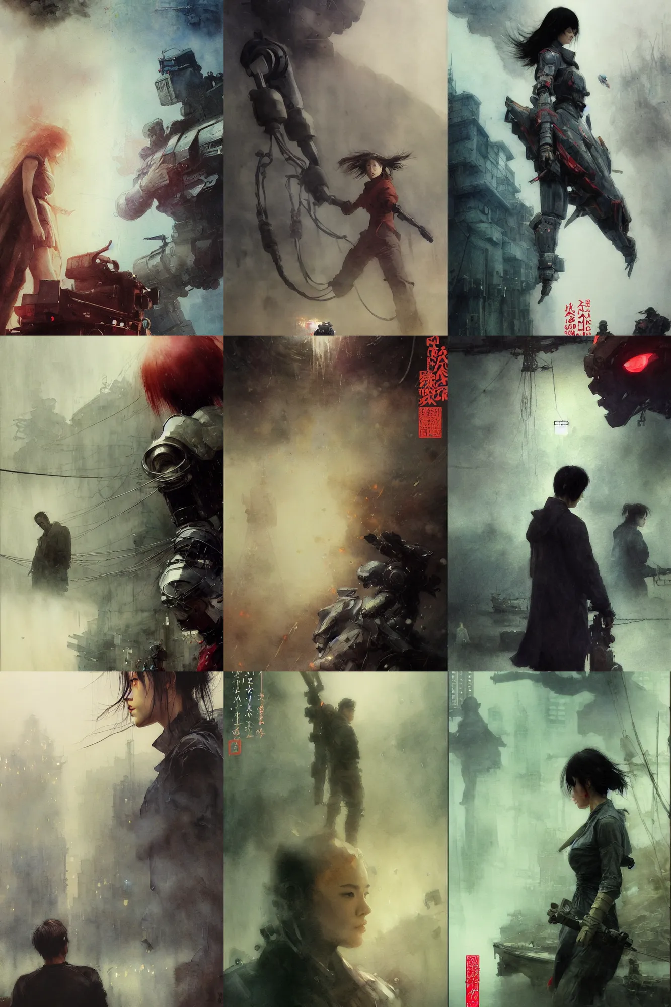 Prompt: incredible ruan jia movie poster, painted ,masterful detailed watercolor, japan, ilya repin, waterhouse, kastuhiro otomo, profile face, giant robots claw at the the background fog, tubes, cables, ,electricity, spotlight, deep 3 point perspective, fish eye, dynamic scene, light rain, sparks, movie scene close up emotional miss Kusanagi face, short bob hair, emotional face