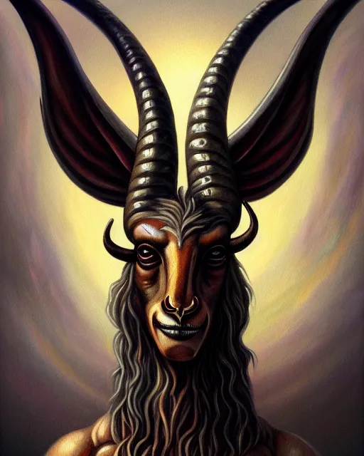 Prompt: painting of baphomet, esoteric, muted colors, head in focus, fantasy art, ornamental aesthetics, intricate, elegant, highly detailed hyperrealistic painting, artstation, concept art, painterly, sharp focus, illustration, art by lois royoi