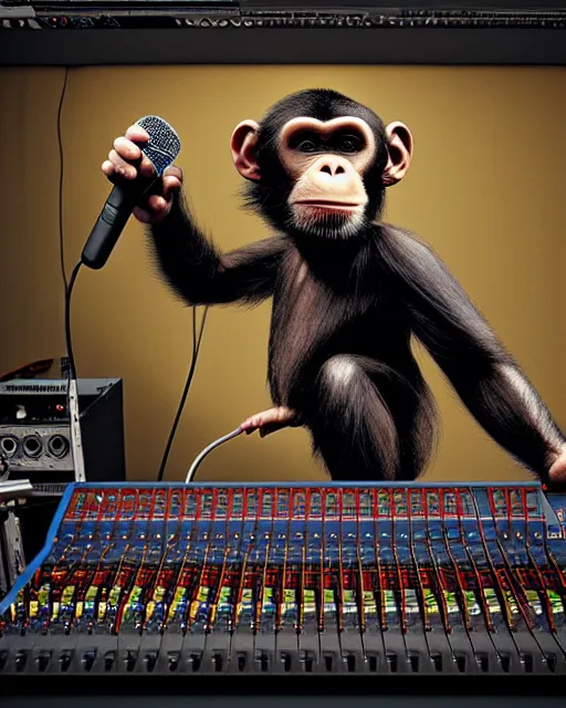 Image similar to looking over the sound board into the soundbooth a portrait of an anthropomorphic rockstar chimp singing into a microphone by sandra chevrier, by jon foster, detailed render, tape deck, epic composition, cybernetics, 4 k realistic, cryengine, realistic shaded lighting, sharp focus, masterpiece, by enki bilal