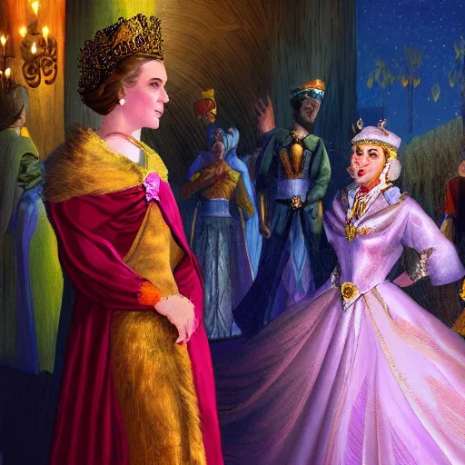 Image similar to Empress Sissi talking to a group of angry peasants at night, digital art, epic lighting