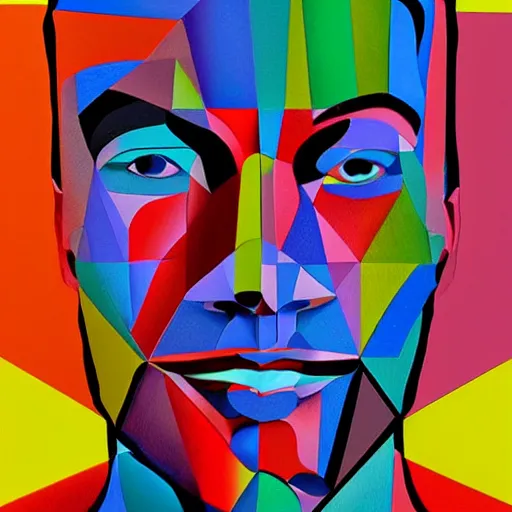 Image similar to a painting of a man's face made up of triangles, a pop art painting by Milton Glaser, featured on behance, crystal cubism, pop art, anaglyph effect, anaglyph filter