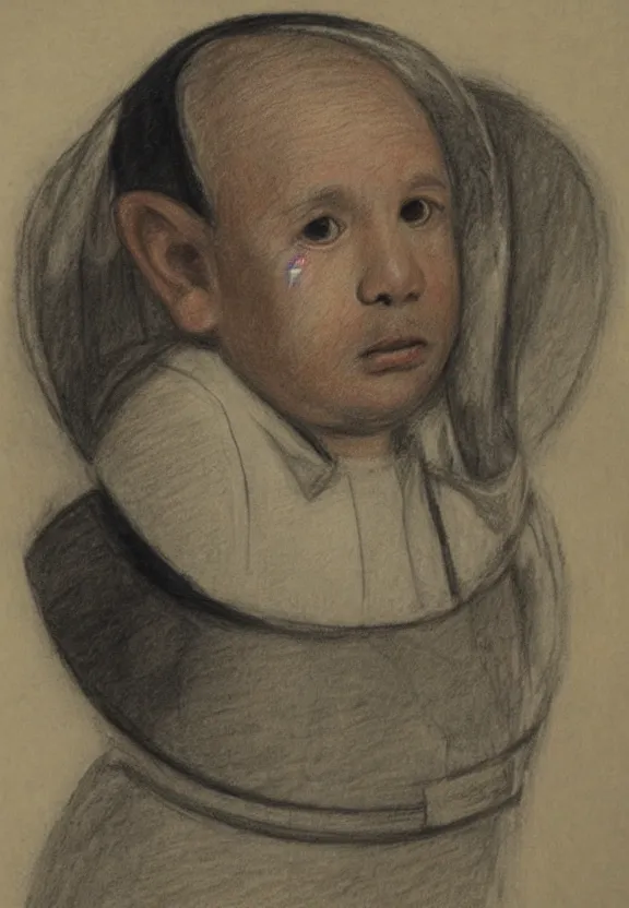 Image similar to Study after Velazquez's Portrait of Pope Innocent X drawn by a five year old, colored pencils on paper