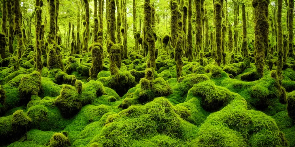 Prompt: photo of a landscape with lush forest, wallpaper, very very wide shot, iceland, new zeeland, green flush moss, national geographic, award landscape photography, professional landscape photography, ancient forest, sunny, day time, beautiful