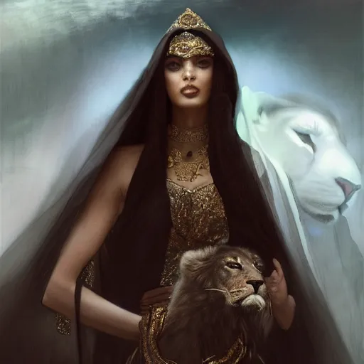 Image similar to a Photorealistic dramatic hyperrealistic render of an arab, queen Esther, ameera al taweel, green eyes, middle Eastern skin, eyes, black hair, white veil, with a pet lion by WLOP,Artgerm,Greg Rutkowski,Alphonse Mucha, Beautiful dynamic dramatic dark moody lighting,shadows,cinematic atmosphere,Artstation,concept design art,Octane render,8K