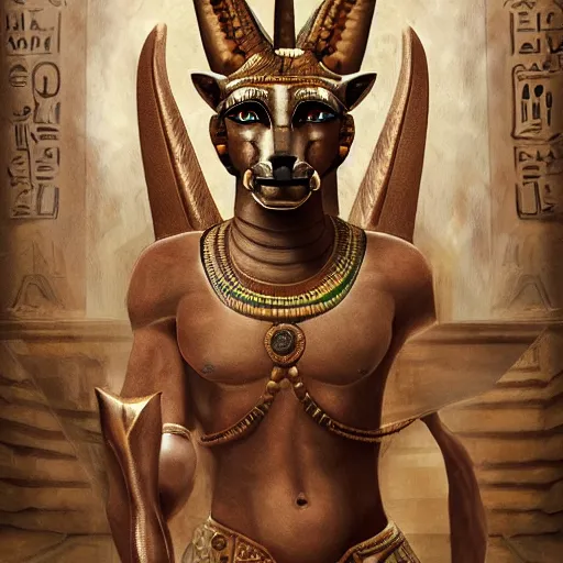 Image similar to Anubis God, Egyptians decor, very detailed, artstation, illustration, masterpiece, digital art, Oil Painting, Furry Art