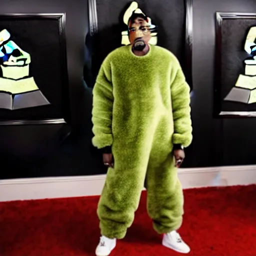 Image similar to kanye west at the grammys in an avocado costume, red carpet photo