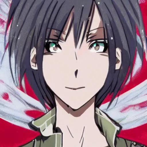 Image similar to brunette woman, bright green eyes, short hair, flipped out hair, military uniform, anime style