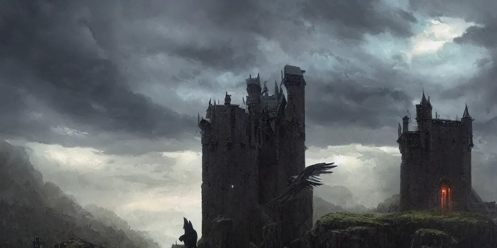 Prompt: A half raven half human magical being looks out over an imposing medieval castle in the distance, dark fantasy, stormy sky, lightning, digital art by Greg Rutkowski and Studio Ghibli