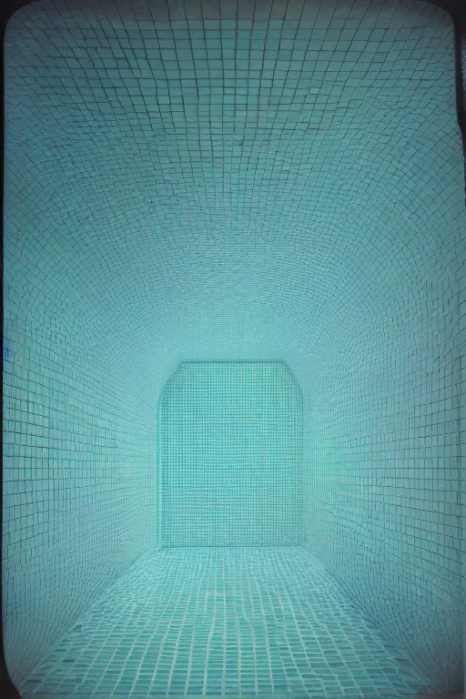 Image similar to non - euclidean tiled swimming pool tunnels into infinity, cubic and right angles, 1 9 6 0 s, color bleed, ektachrome photograph, volumetric lighting, f 8 aperture, cinematic eastman 5 3 8 4 film stanley kubrick