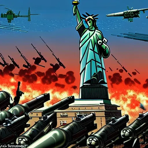 Image similar to The war between the Soviet Union and America, the action takes place in New York, far away against the background of the Statue of Liberty, a lot of soldiers and military equipment, a lot of explosions and tracer bullets, a lot of ruins, a very epic battle, Super quality, HD, super detailed details, Retro futurism art