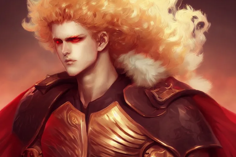Image similar to digital art of a pale menacing male Blood Knight Angel with fluffy blond curls of hair and piercing red eyes, gilded black uniform, he commands the fiery power of resonance and wrath, by WLOP, Artstation, CGsociety