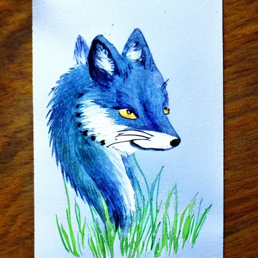 Prompt: a blue tailed fox searching for easter eggs, cute aquarel