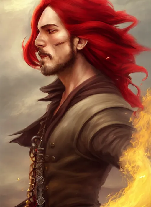 Image similar to portrait of a male pirate with flowing red hair!!!!!!, handsome, side profile, Steampunk airship!!!!!!!, D&D, fantasy, simple clothing!!!!, elegant, highly detailed, digital painting, deviantart, artstation, concept art, sharp focus, illustration, art by Artgerm and Greg Rutkowski and Alphonse Mucha