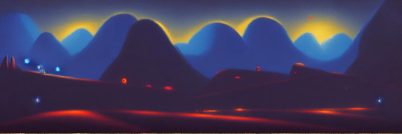 Image similar to cartoon paul lehr narrow night landscape with farawaymountains dark blue tones