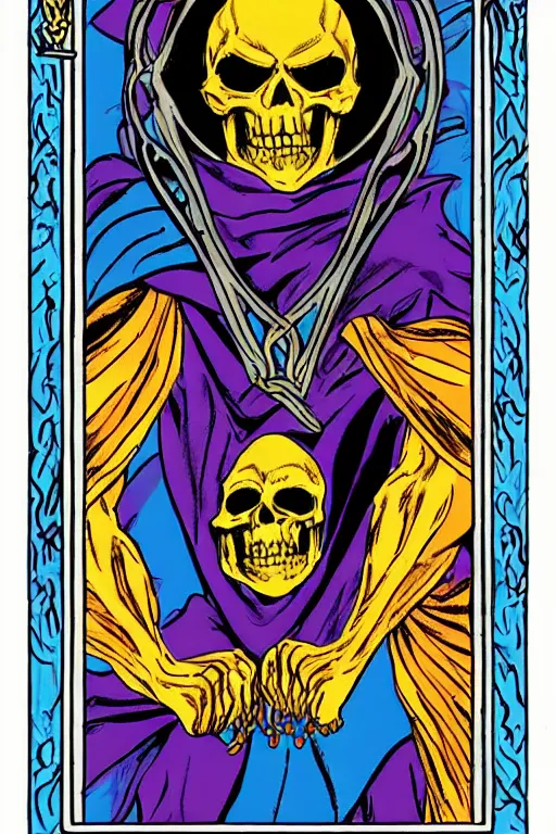 Image similar to skeletor tarot card, illustrated by john dyer baizley