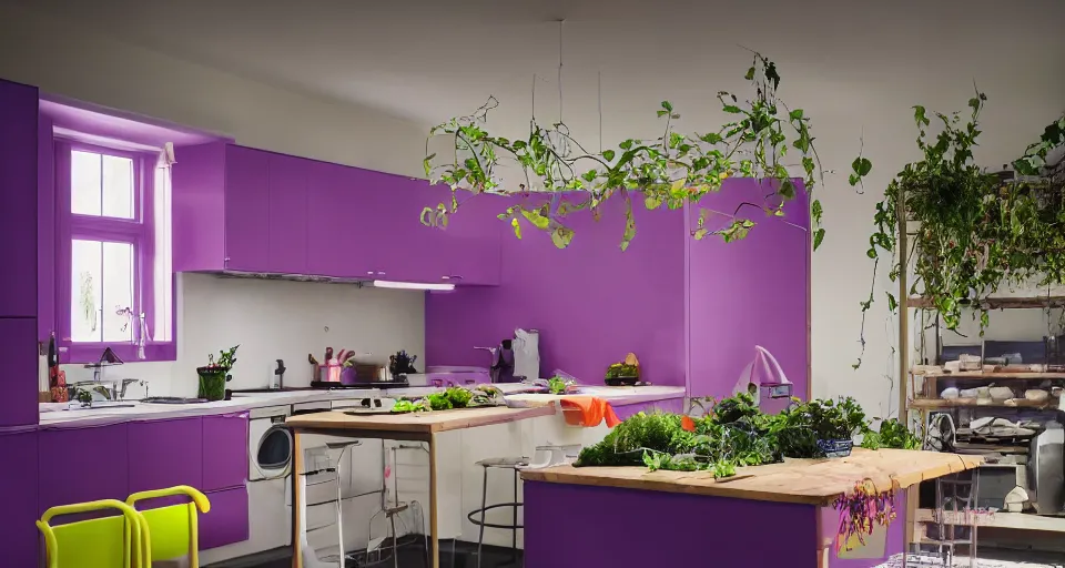 Image similar to IKEA catalogue photo, high end farm house style kitchen, cyberpunk with neon lighting, purple, cyan, orange, organic, vines by Beksiński