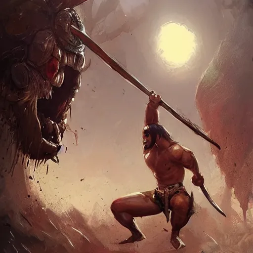Prompt: barbarian fist fight big insect, 8 k, trending on by tooth wu and greg rutkowski