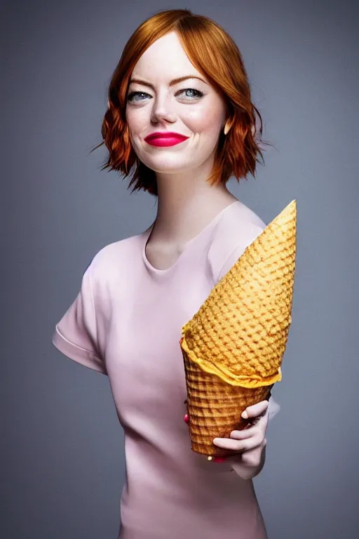 Image similar to 📷 emma stone the ice - cream cone 🍦, made of food, head portrait, dynamic lighting, 4 k