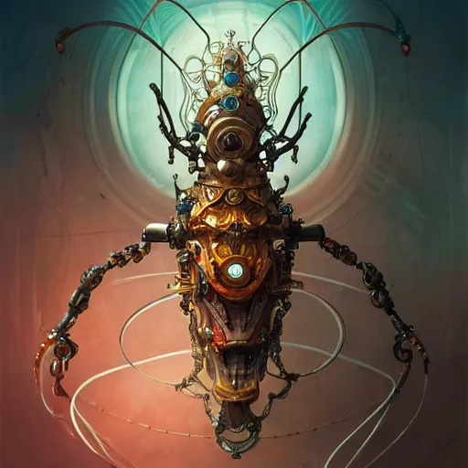 Image similar to biomechanical spider king, cyberpunk, bionics, augments, lights, cables, elegant gleaming intricate baroque jewellery, colorful, vivid, imposing, epic, digital painting, artstation, concept art, by peter mohrbacher and wlop and rhads,