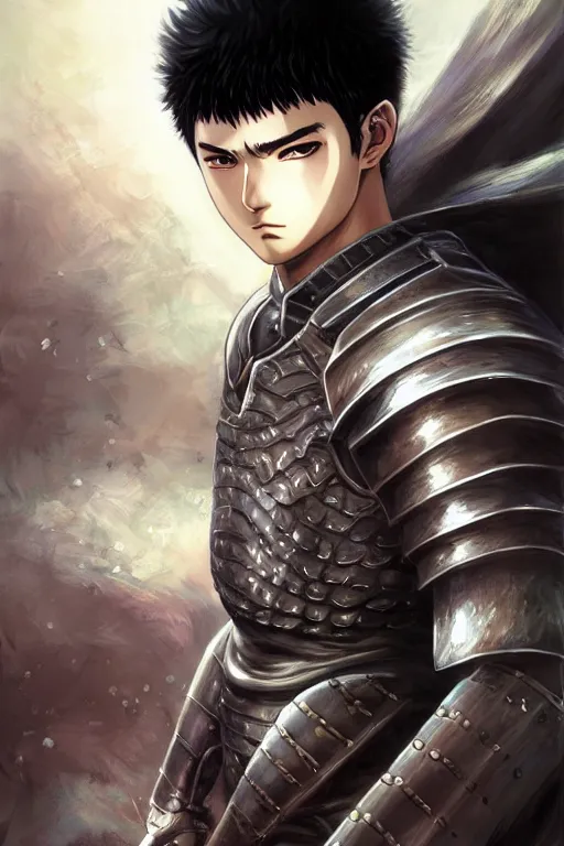 Image similar to A realistic anime portrait of Guts in the berserk armor, berserk, digital painting, by Stanley Artgerm Lau, Sakimichan, WLOP and Rossdraws, digital painting, painterly, Pixiv, Deviantart, golden ratio, rule of thirds, good composition, HD, 8k, award winning, promo art, splash art, rpg, jrpg, dungeons and dragons, DND, trending on ArtStation