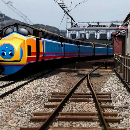 Prompt: thomas the tank engine derailed by bullet train,
