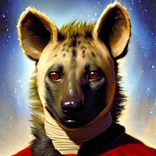 Prompt: a portrait of a hyena dogman canine star trek doctor. highly detailed painting by gaston bussiere, craig mullins, j. c. leyendecker, furry