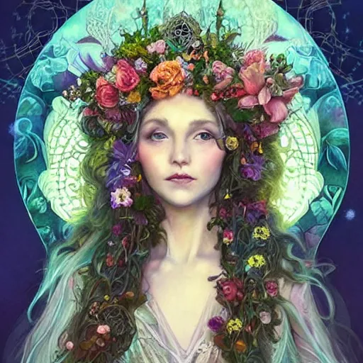 Prompt: Beautiful garden witch goddess, ornate fairy crown, california girl, wearing a flowing dress, lots of flowers, symmetrical face, art nouveau, portrait, cute, playful, fairy, harper's bazaar, pearlescent, sacred geometry, detailed background, featured on artstation, by Daniel Gerhartz, by ross tran, bright pastel colors, face by artgerm, by Kelly McKernan, by Charlie Bowater, by Laura rubin, 8k