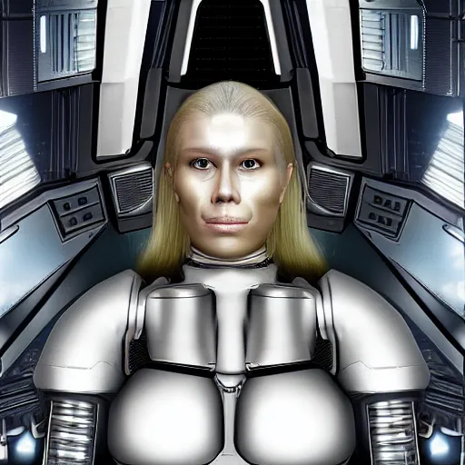 Image similar to panorama of a very pretty blond borg queen on a borg ship, cybernetic implants, perfect face, symmetrical face, moody lighting, shallow depth of field,