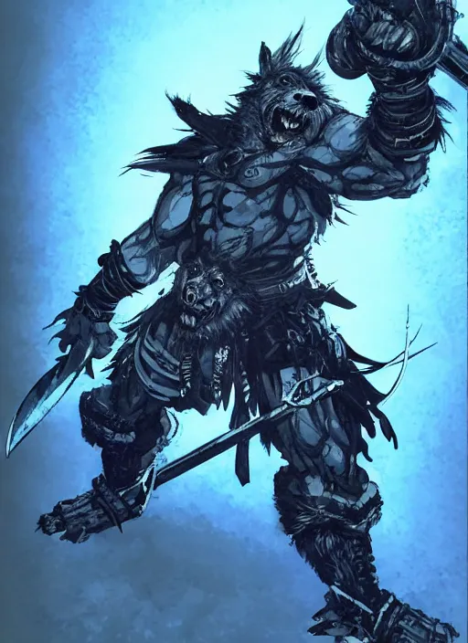 Image similar to Full body portrait of giant old gnoll warrior with a giant black blade, emanating with blue aura. In style of Yoji Shinkawa and Hyung-tae Kim, trending on ArtStation, dark fantasy, great composition, concept art, highly detailed, dynamic pose.