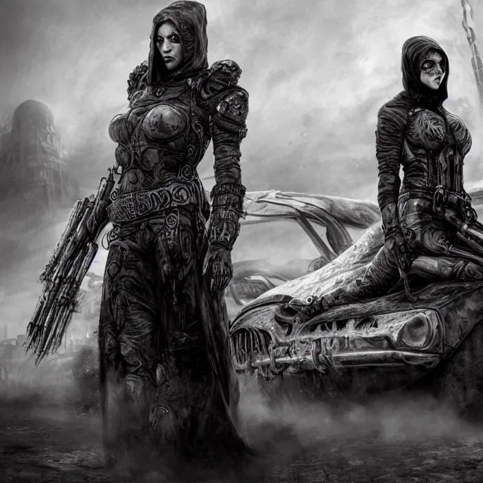 Image similar to beautiful apocalyptic woman in hooded cloak, standing on mad max muscle car, hyper-detailed, smooth, sharp focus, 4k ultra hd, fantasy dark art, tank girl, artgerm, artstation, octane render, elegant, detailed digital painting, apocalyptic art, gears of war, unreal engine, cryengine