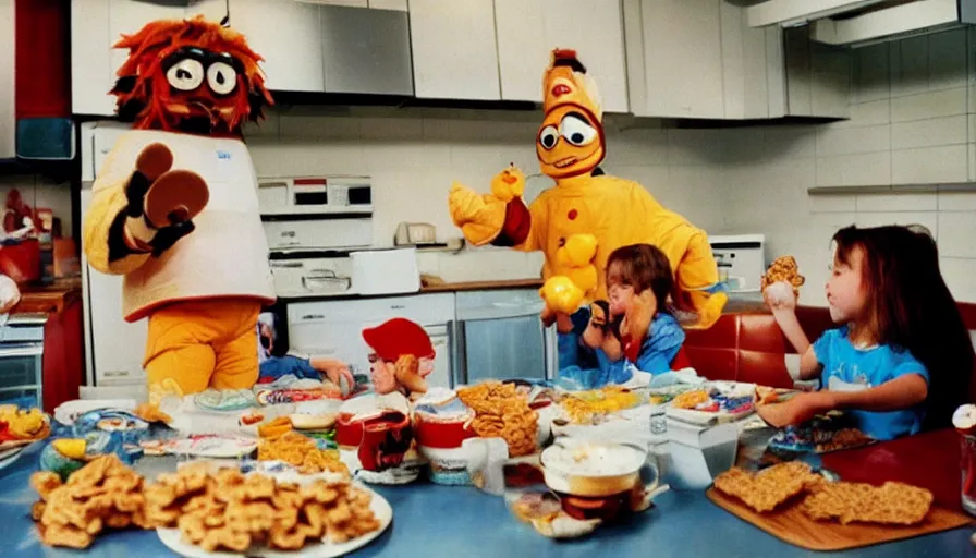 Prompt: 1 9 9 0 s candid 3 5 mm photo of a beautiful day in the family kitchen, cinematic lighting, cinematic look, golden hour, an absurd costumed mascot from the strange food giant face space club show is eating all of the kids cereal, the kids are hungry and the mascot is eating all of their food, uhd